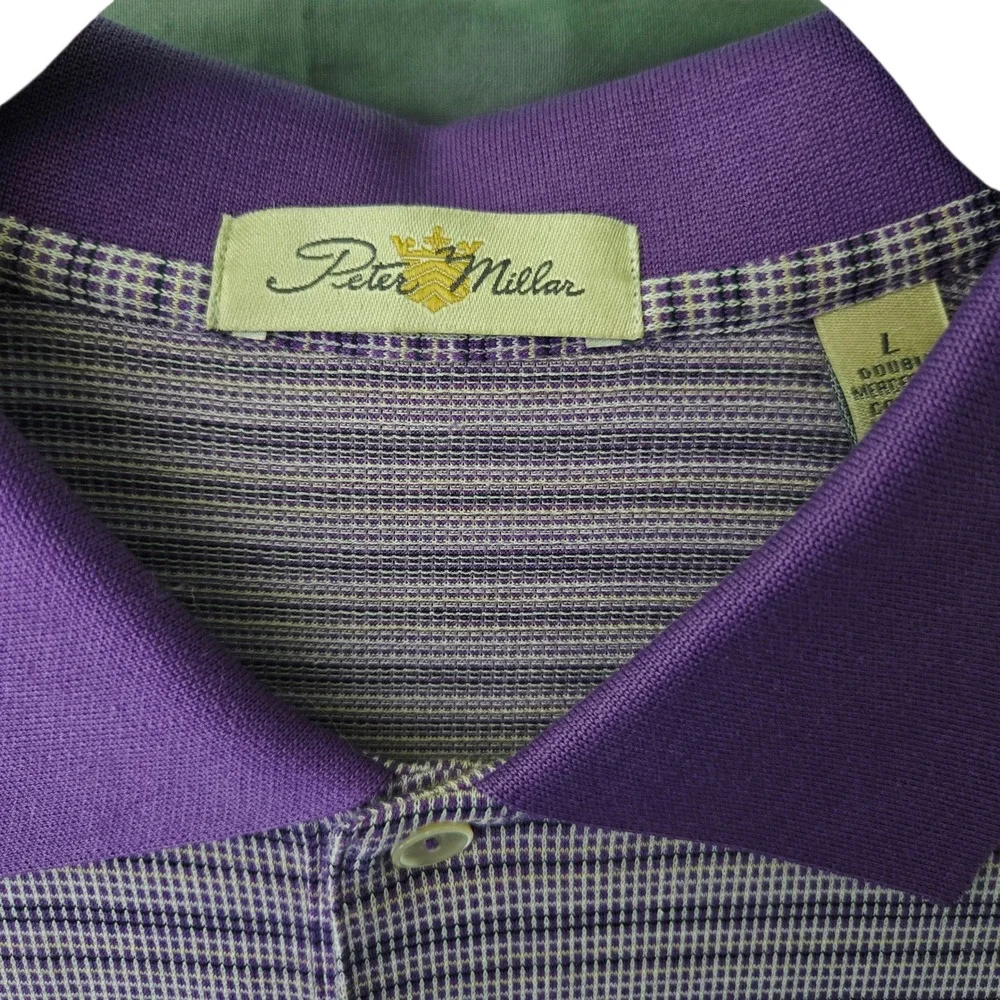 Peter Millar Mens Large Purple Stripe Double Mercerized Cotton‎ Polo Shirt Golf
